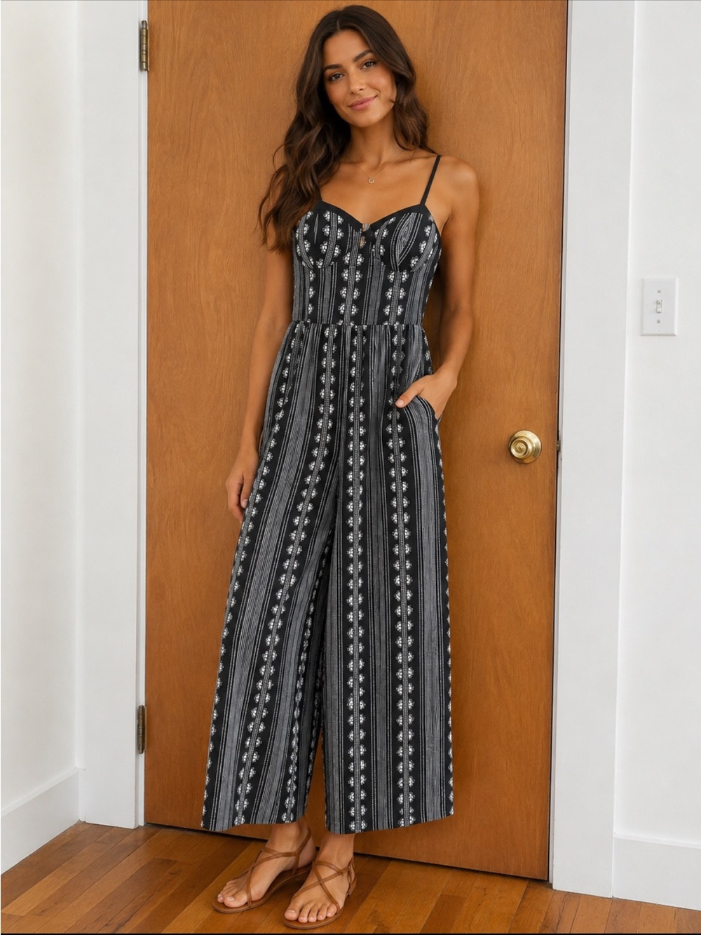Band of Gypsies Black Striped Bustier Jumpsuit with White Pattern Wide Leg
